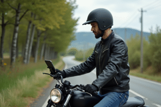 Homme en moto regardant son smartphone sur une route rurale
