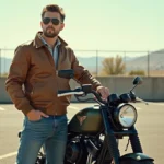 Homme confiant avec veste aviateur et moto Top Gun