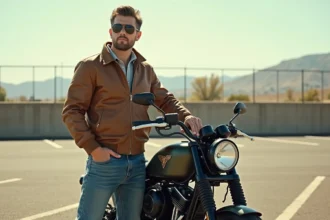 Homme confiant avec veste aviateur et moto Top Gun