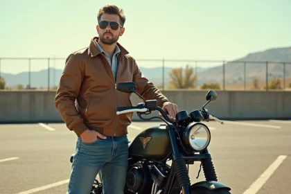 Homme confiant avec veste aviateur et moto Top Gun