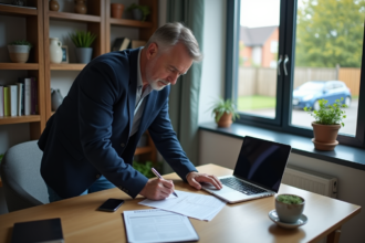 Homme remplissant un formulaire de cession véhicule dans son bureau