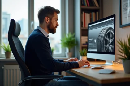 Homme concentré devant un ordinateur en bureau lumineux