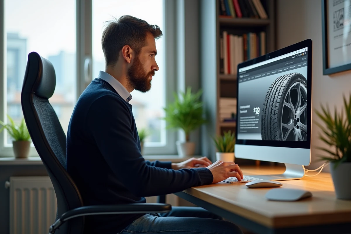 Homme concentré devant un ordinateur en bureau lumineux