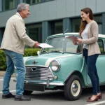 Homme souriant remettant documents à une jeune femme près d'une Mini Moke