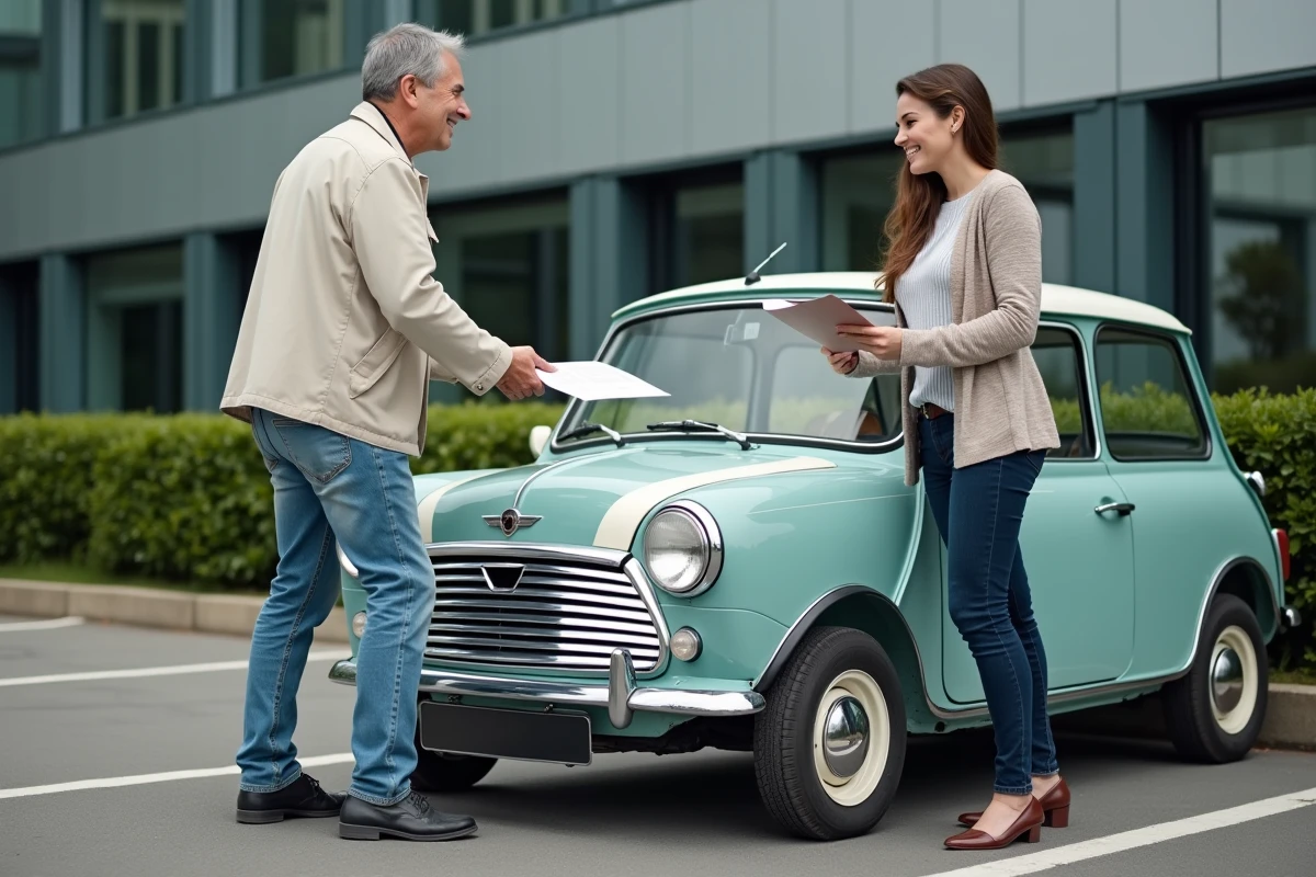 Homme souriant remettant documents à une jeune femme près d'une Mini Moke
