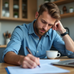 Homme d'âge moyen remplissant documents de voiture dans une cuisine moderne