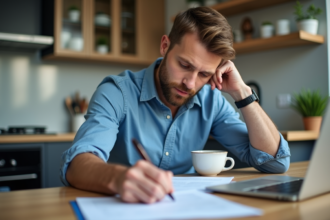 Homme d'âge moyen remplissant documents de voiture dans une cuisine moderne