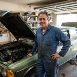Homme confiant avec une voiture ancienne en garage