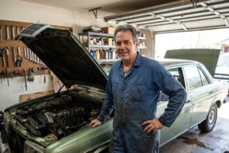 Homme confiant avec une voiture ancienne en garage
