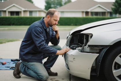Homme d'âge moyen examine une voiture endommagée dans la rue