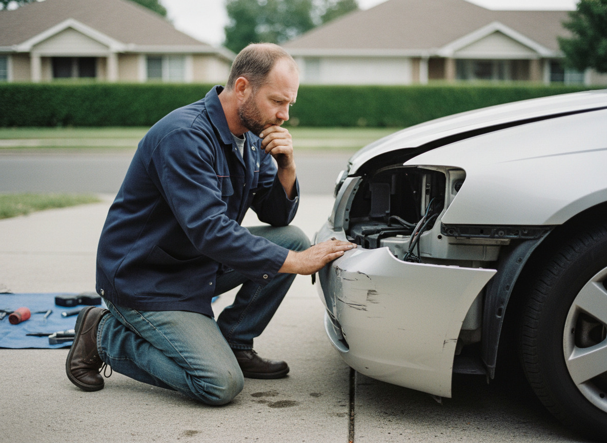 Homme d'âge moyen examine une voiture endommagée dans la rue