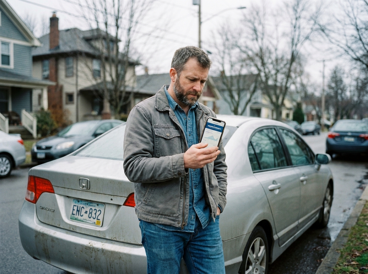 Homme vérifiant son assurance auto sur smartphone avant de procéder à une résiliation