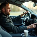 Homme entrant un code autoradio sur le panneau de son tableau de bord dans l'habitacle d'une voiture moderne