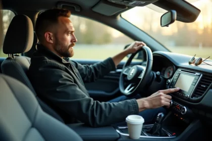Homme entrant un code autoradio sur le panneau de son tableau de bord dans l'habitacle d'une voiture moderne