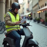 Homme en scooter électrique consultant un document administratif sur un trottoir urbain, illustrant la régularisation du permis de conduire pour scooter