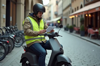 Homme en scooter électrique consultant un document administratif sur un trottoir urbain, illustrant la régularisation du permis de conduire pour scooter