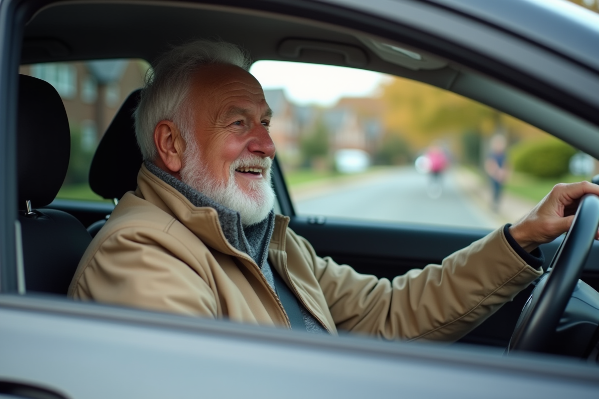 Homme senior discutant avec un examinateur dans une voiture
