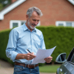 Homme signant des papiers à côté d'une voiture propre