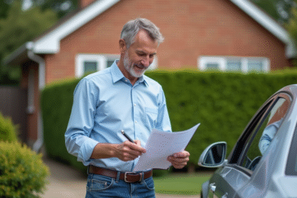Homme signant des papiers à côté d'une voiture propre