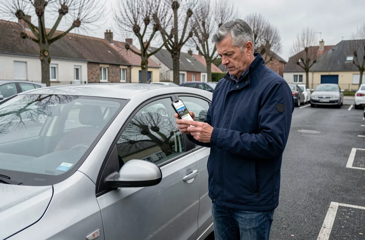 Homme comparant des offres d'assurance auto sur smartphone devant sa voiture