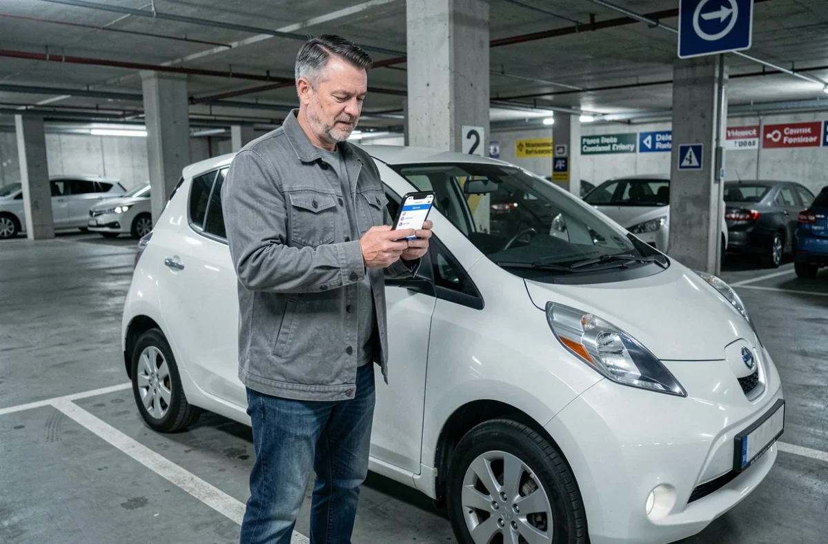 Homme tenant un smartphone avec une application d'assurance auto électrique dans un parking