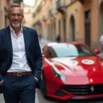 Homme élégant en costume devant une voiture de sport rouge