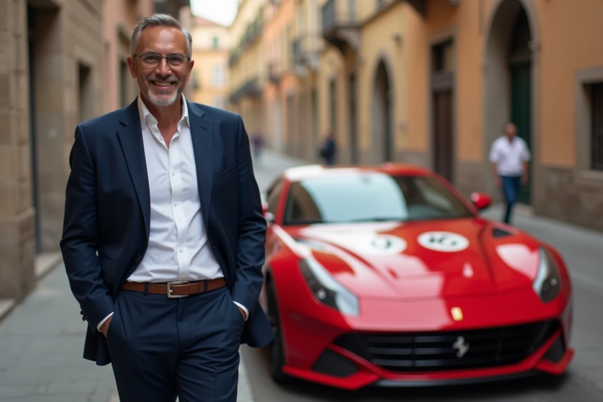 Homme élégant en costume devant une voiture de sport rouge