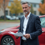 Homme en costume avec voiture rouge en ville