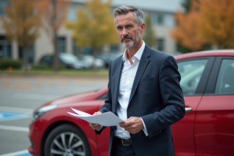 Homme en costume avec voiture rouge en ville