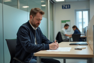 Homme d'âge moyen remplissant des papiers dans un bureau administratif