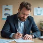 Homme d'âge moyen remplissant papiers de voiture en bureau