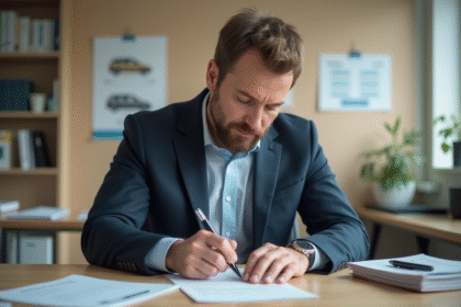 Homme d'âge moyen remplissant papiers de voiture en bureau