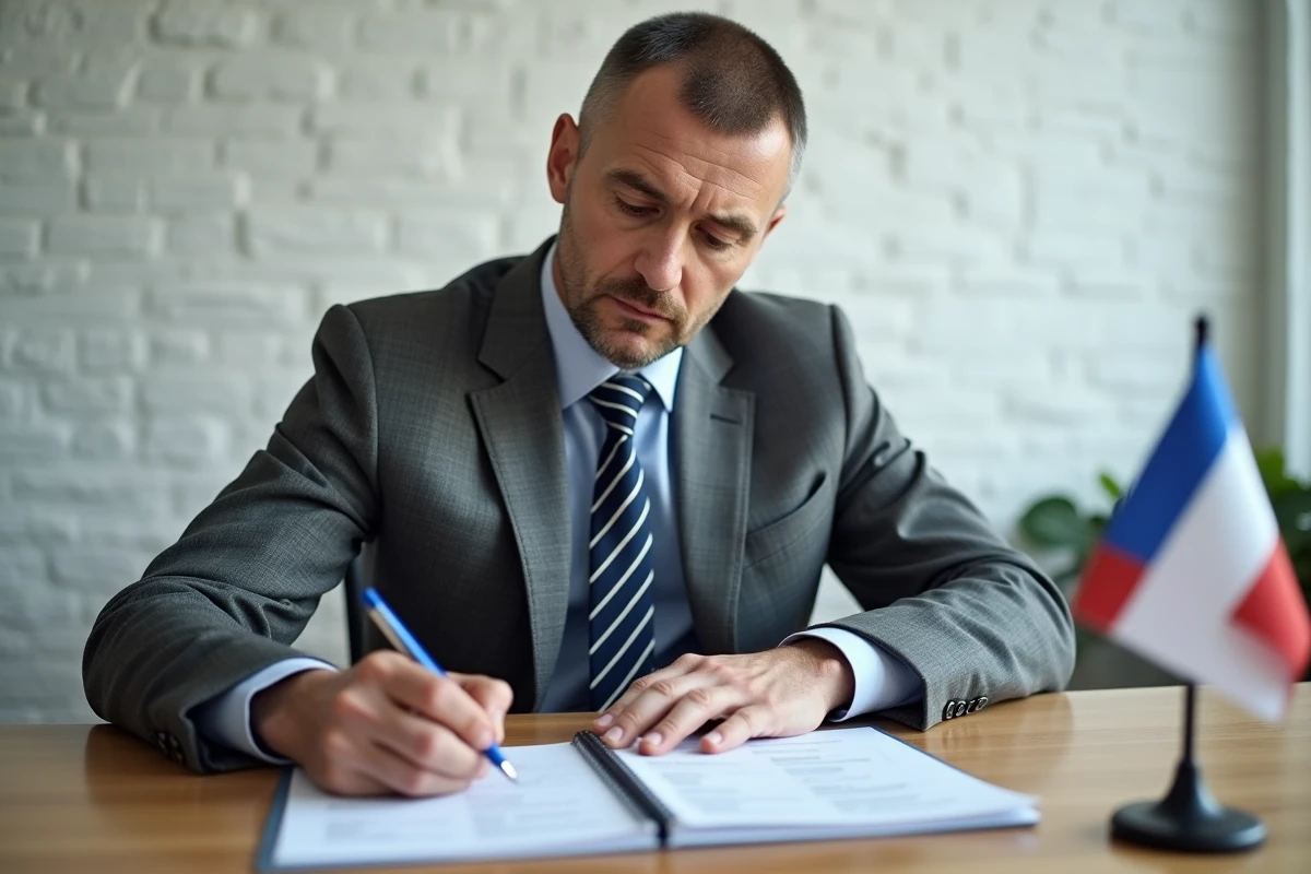 Homme ukrainien en costume remplit formulaire dans un bureau