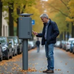 Homme d'âge moyen étudie un parcmètre à Versailles