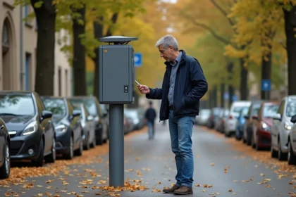 Homme d'âge moyen étudie un parcmètre à Versailles