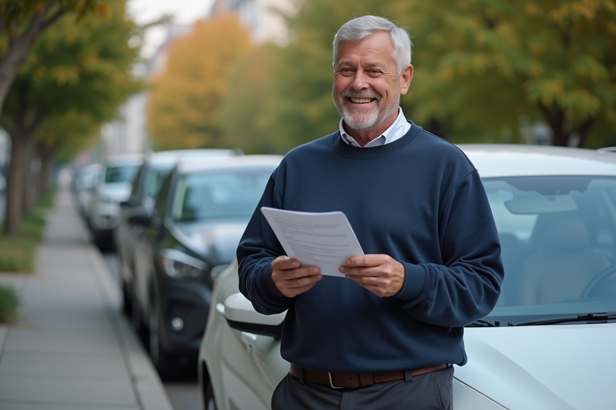 Homme dehors avec voiture et permis de conduire