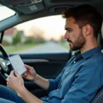 Homme concentré examinant sa carte d'immatriculation dans sa voiture