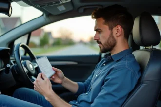 Homme concentré examinant sa carte d'immatriculation dans sa voiture