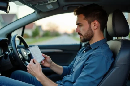 Homme concentré examinant sa carte d'immatriculation dans sa voiture