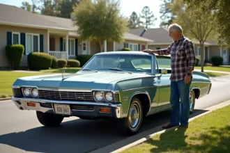 Homme d'âge moyen devant une Chevrolet Impala 1967