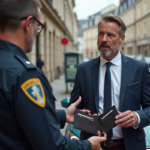 Homme d affaires montrant son portefeuille vide à un agent de police