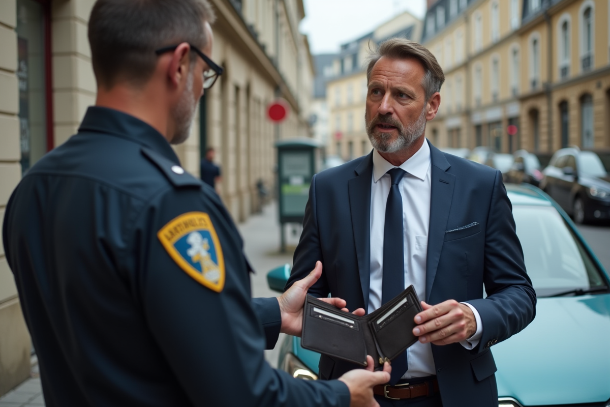 Homme d affaires montrant son portefeuille vide à un agent de police
