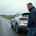 Homme vérifiant le pot d'échappement de sa voiture en campagne