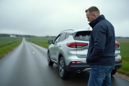 Homme vérifiant le pot d'échappement de sa voiture en campagne