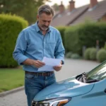 Homme d age moyen examine un contrat devant sa voiture neuve