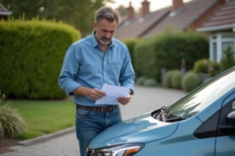 Homme d age moyen examine un contrat devant sa voiture neuve
