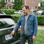 Homme d'âge moyen pointant la plaque d'immatriculation dans un quartier résidentiel