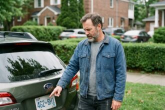Homme d'âge moyen pointant la plaque d'immatriculation dans un quartier résidentiel