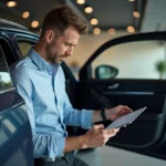 Homme en tenue casual inspectant une voiture en showroom