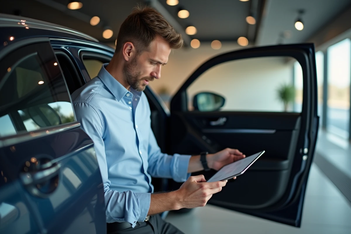 Homme en tenue casual inspectant une voiture en showroom